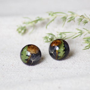 Nature stud earrings, Mushroom resin earrings, Forest earrings, Terrarium jewelry, Black round stud earrings, Nature lover gift idea for her image 6