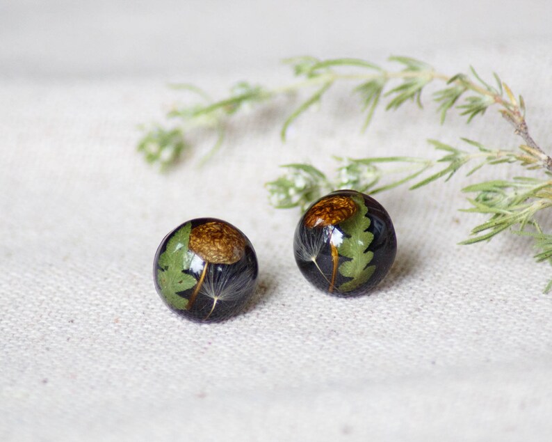 Nature stud earrings, Mushroom resin earrings, Forest earrings, Terrarium jewelry, Black round stud earrings, Nature lover gift idea for her image 6