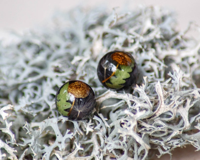 Nature stud earrings, Mushroom resin earrings, Forest earrings, Terrarium jewelry, Black round stud earrings, Nature lover gift idea for her image 7