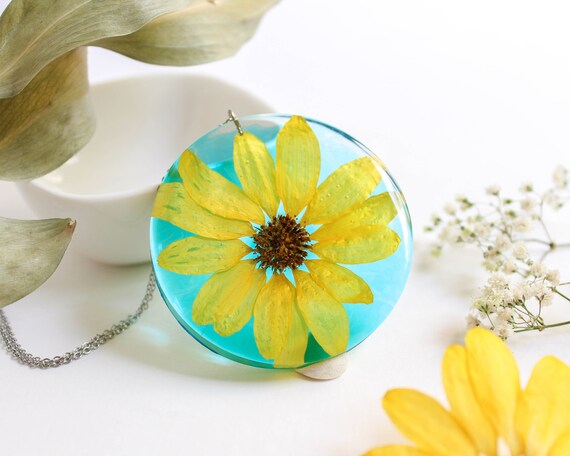 Big Flower Necklace Pressed Flower Pendant Necklace Yellow Etsy