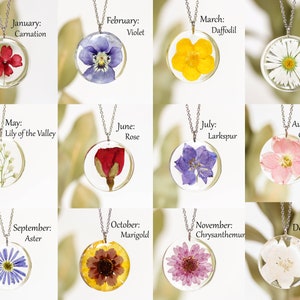 Birth flower necklace resin, Pressed flower necklace birth month, Unique birthday gifts for women, Personalized flower pendant necklace image 1