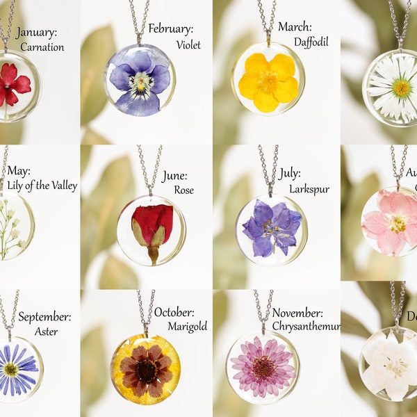 Résine de collier de fleurs de naissance, mois de naissance de collier de fleurs pressées, cadeaux d'anniversaire uniques pour les femmes, collier pendentif fleur personnalisé