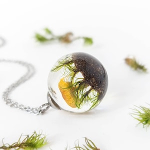 Beautiful spherical glass pendant made of transparent resin. View of its rear part where you can see in detail the natural green moss on sand with the mushroom in the background. Shiny chain made of hypoallergenic stainless steel.
