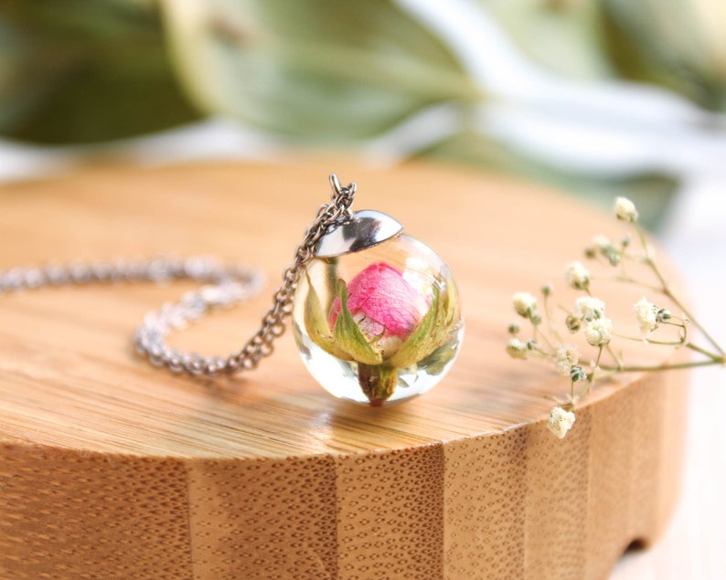 Cute rose necklace, Tiny flower necklace, Real flower necklace, Dainty pink necklace, Cute gift for girlfriend, Floral pendant necklace image 1