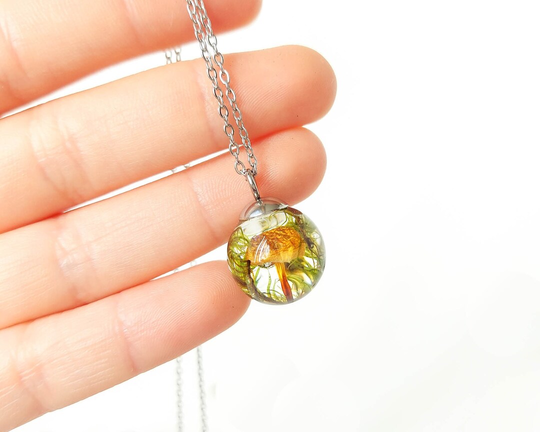 Tiny Terrarium Necklace, Mushroom Charm Necklace, Pressed Moss Necklace