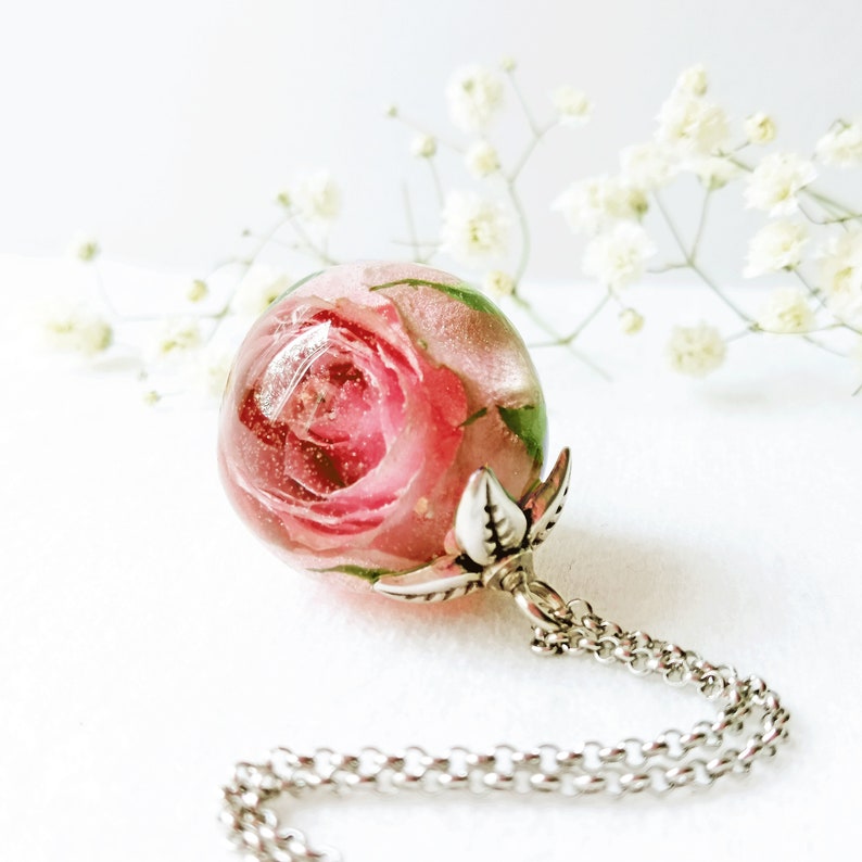 Pink rose necklace Real rose necklace Rose resin necklace Etsy