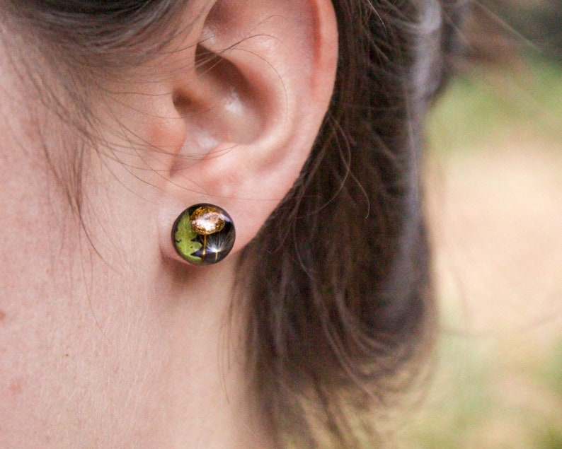 Nature stud earrings, Mushroom resin earrings, Forest earrings, Terrarium jewelry, Black round stud earrings, Nature lover gift idea for her image 8