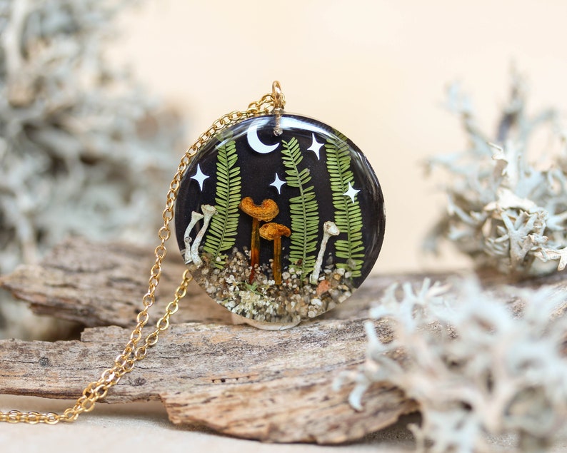 Forest necklace with real mushroom and leaf, Moon and star necklace, Nature lover jewelry, Mushroom terrarium necklace, Pixie cup lichen image 4