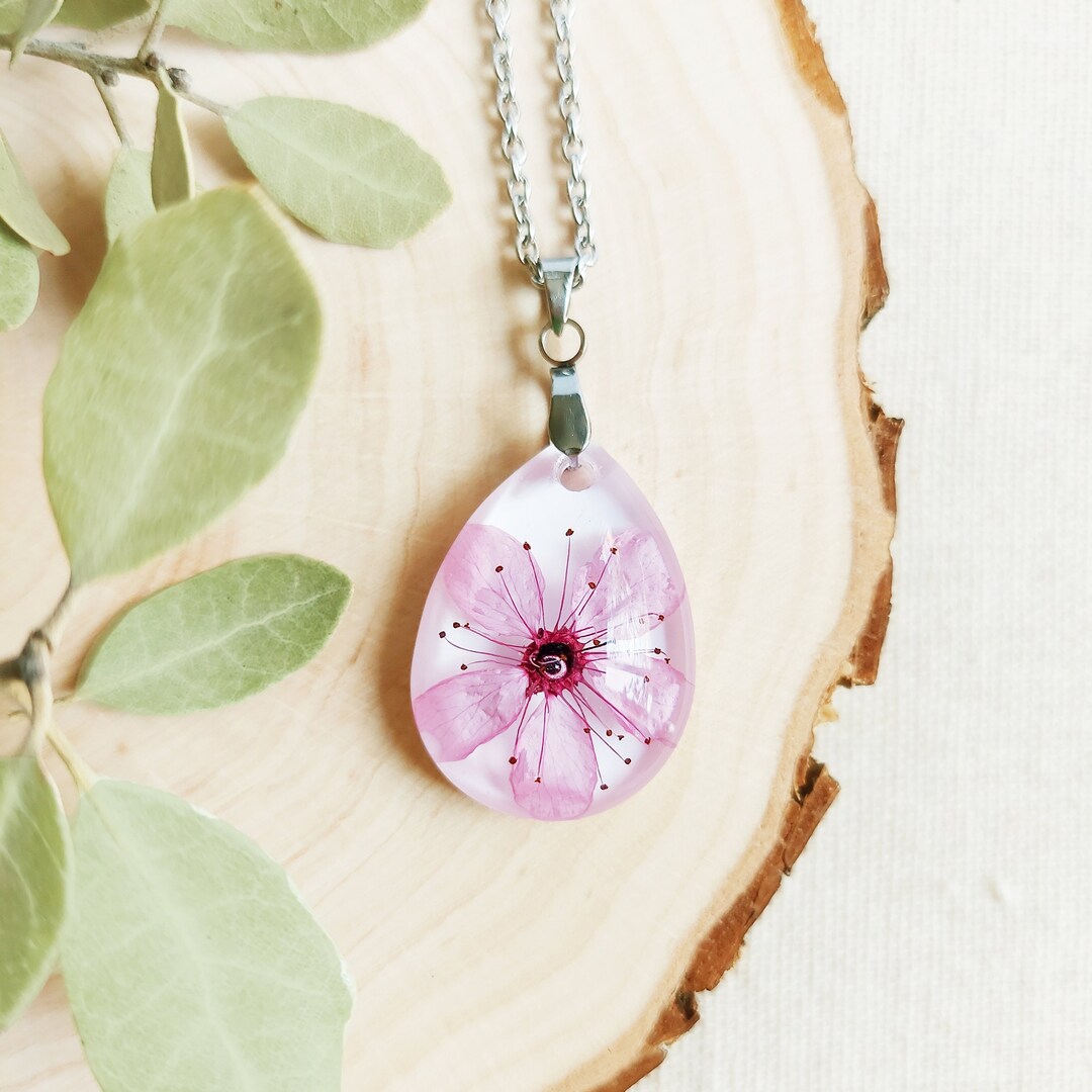 Cherry Blossom Flower Necklace, Real Flower Necklace, Pink Floral