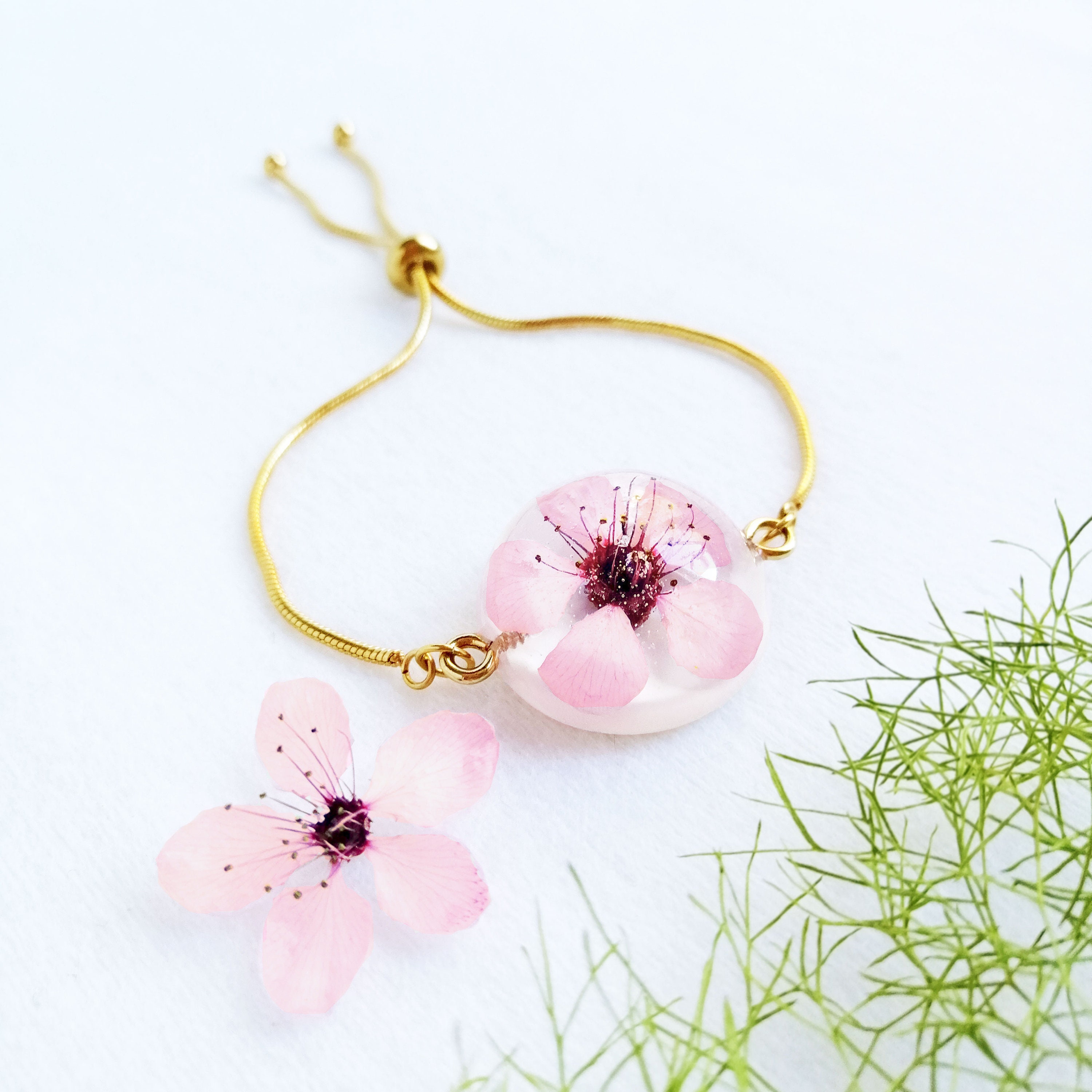 Real Dried Flowers and Resin Bracelet, Rose Gold in Red Orange Yellow Mix OTHER/message Seller