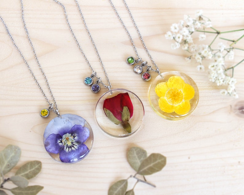 Birth flower necklace with birthstone, Pressed flower necklace, Birthday gifts for women friends, Floral charm necklace, Birth month jewelry image 6