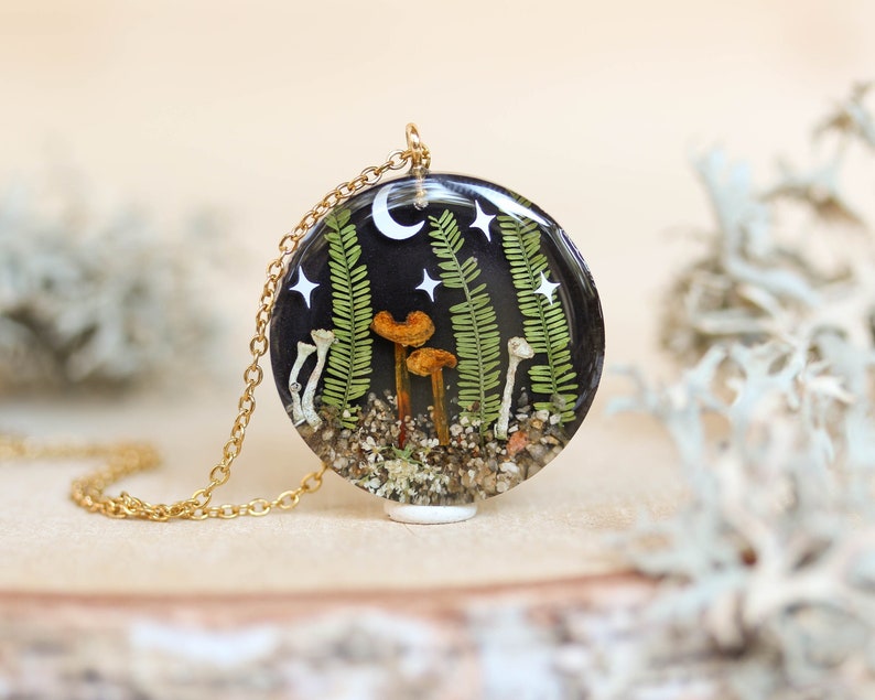 Forest necklace with real mushroom and leaf, Moon and star necklace, Nature lover jewelry, Mushroom terrarium necklace, Pixie cup lichen image 1