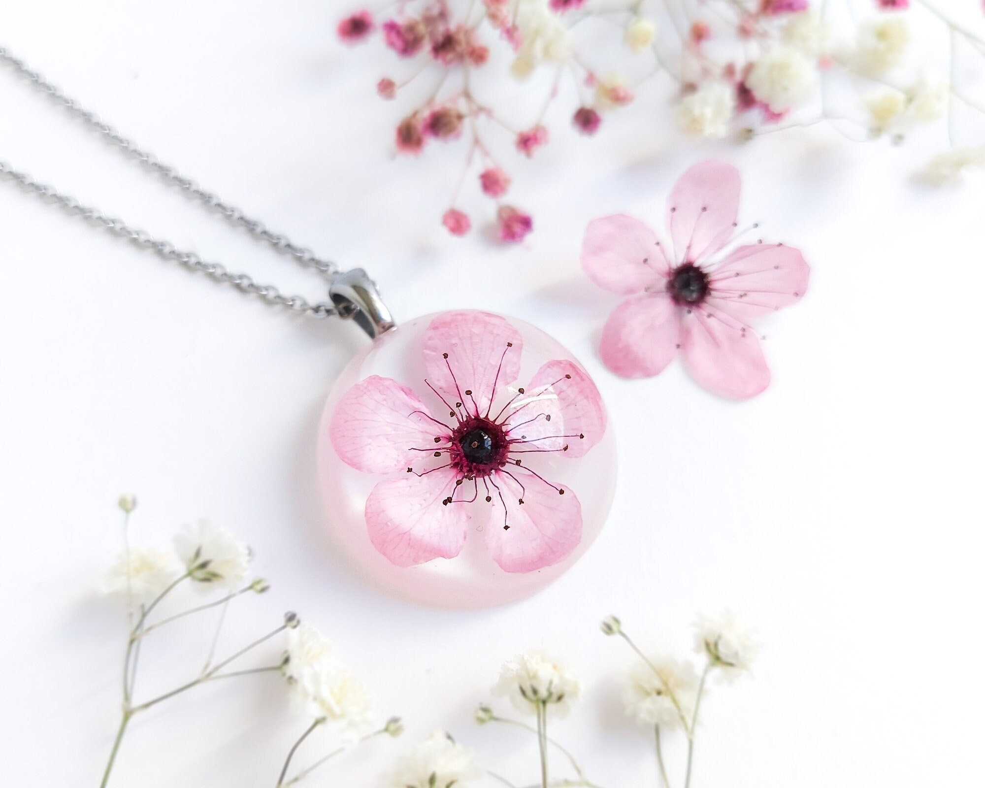 Pressed Cherry Blossom Necklace Spring Flower Necklace Cute