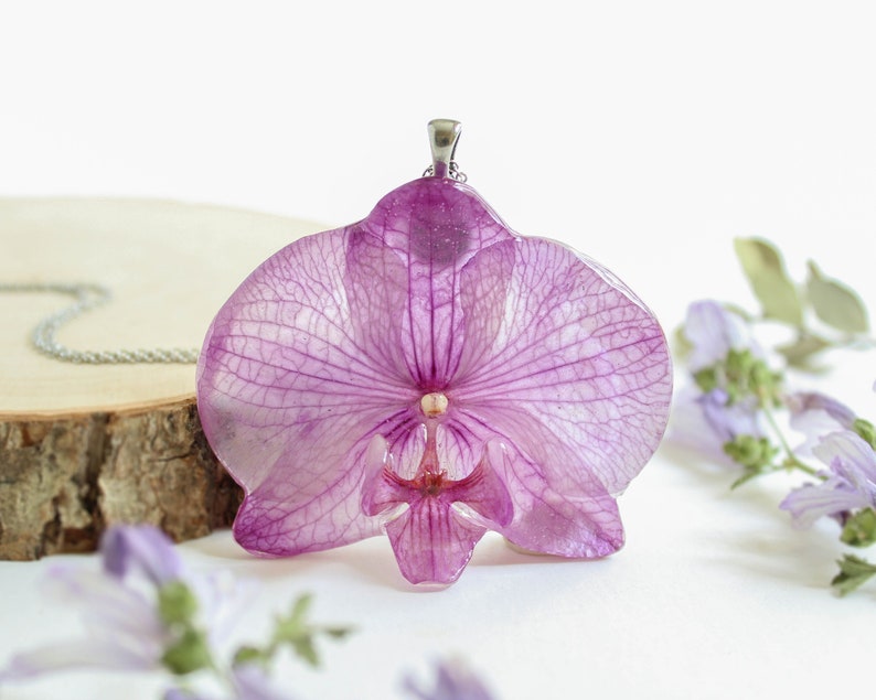 Real flower necklace, Pressed orchid necklace, Orchid jewelry for women, Large choker necklace, Statement flower necklace, Gifts for women image 1