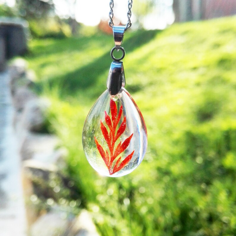 Real fern leaf necklace Crystal jewelry for women Tiny leaf necklace Crystal resin necklace Transparent resin necklace Red leaf jewelry