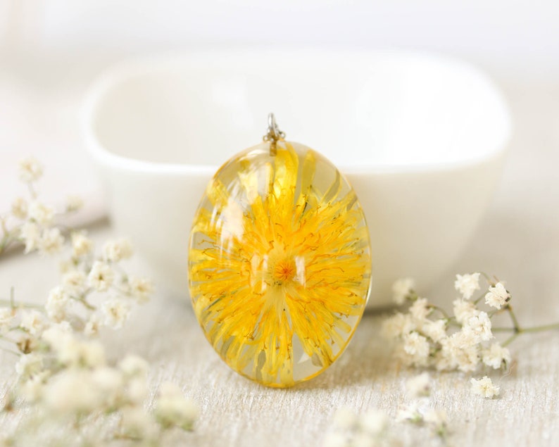 Yellow flower necklace, Real dandelion necklace, Birthday gifts, Yellow dandelion jewelry, Dandelion resin necklace, Resin flower necklace image 2