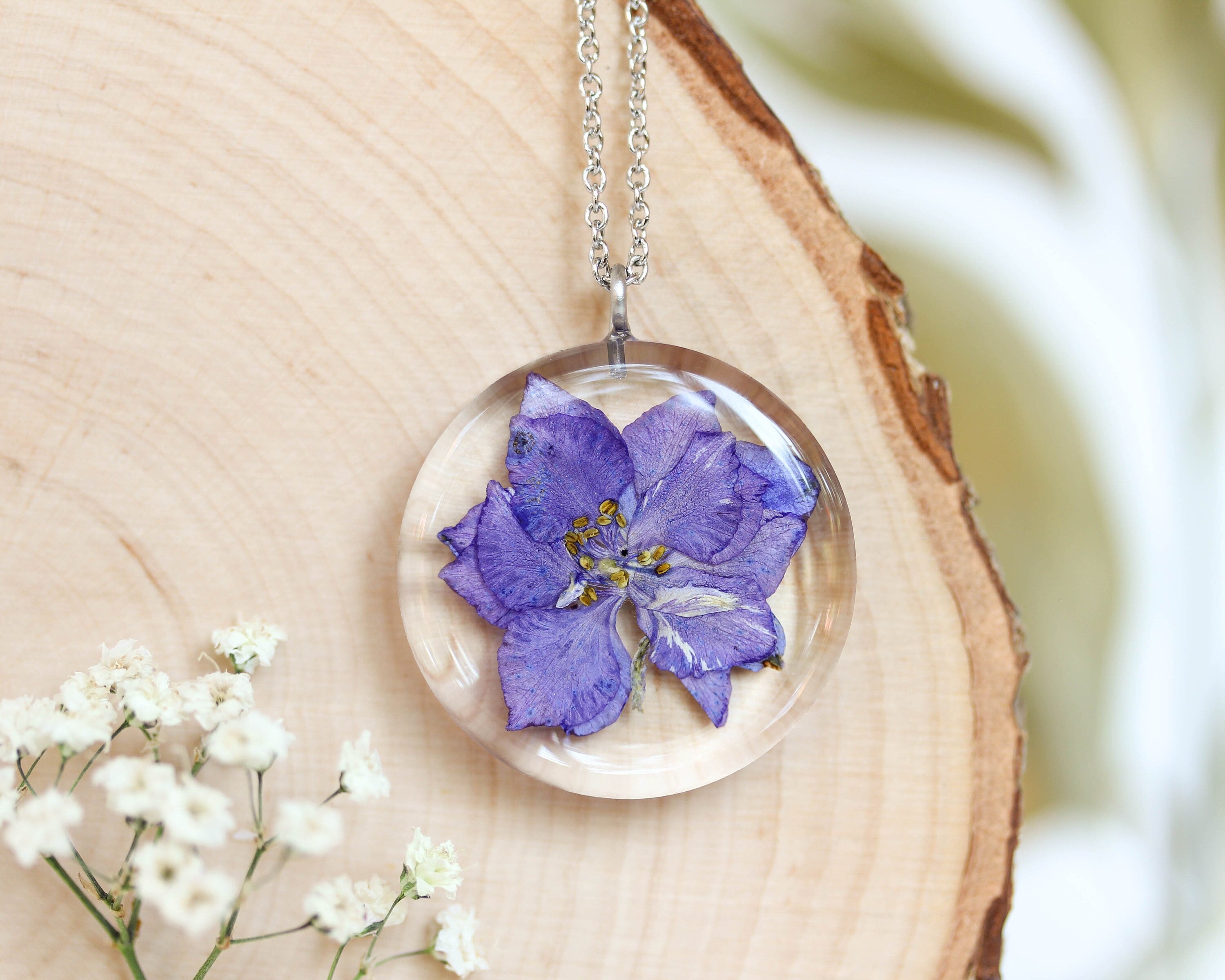 Larkspur Necklace Pressed Birth Flower Necklace Birthday Gifts for Her July Birthmonth Flower Necklace Birth Flower Resin Jewellery Etsy UK