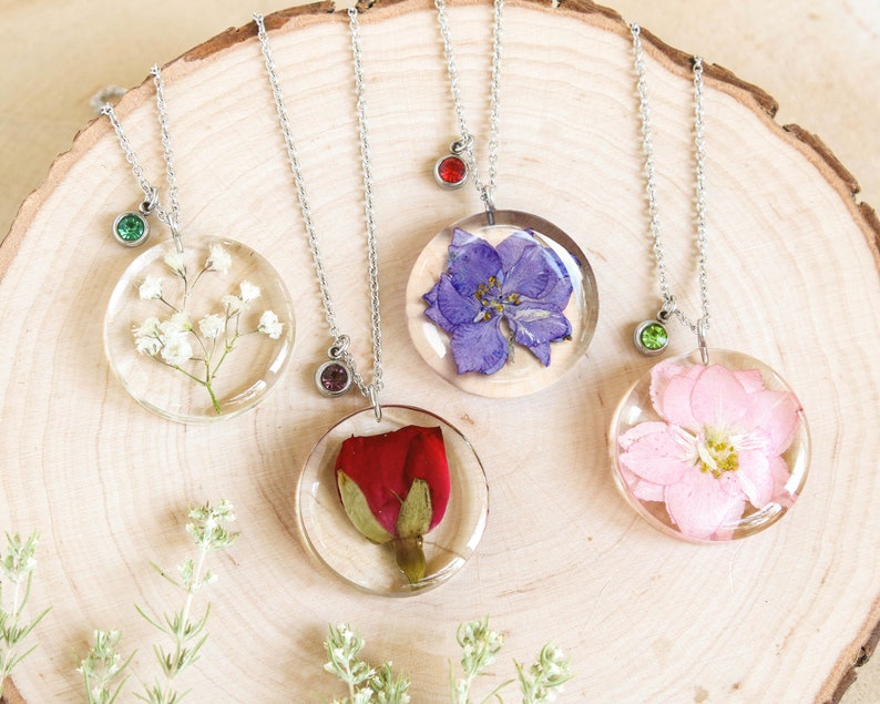 Birth flower necklace with birthstone, Pressed flower necklace, Birthday gifts for women friends, Floral charm necklace, Birth month jewelry image 3