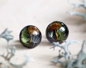Black earrings studs, Tiny mushroom studs earrings, Nature inspired earrings, Dandelion seed earrings, Pressed fern earrings, Boho earrings