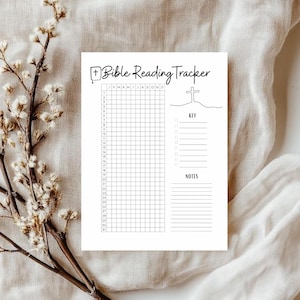 May include: A white Bible Reading Tracker with black text and grid lines. The tracker includes a space for the months of the year, a key, and notes. A cross is drawn above the key. The tracker is on a beige fabric background.