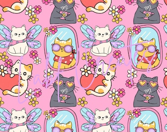 May include: A repeating pattern on a pink background features cartoon cats with various accessories. Some cats hold hearts, wear heart-shaped sunglasses, or have fairy wings. Other cats are in mirrors. Flowers are scattered throughout the design.