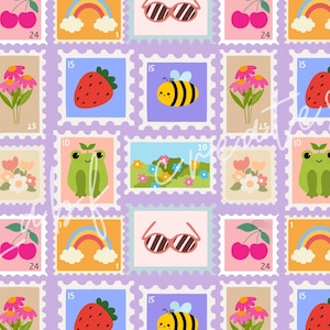 May include: A repeating pattern of postage stamps with various illustrations. The stamps feature images of cherries, rainbows, sunglasses, strawberries, bees, flowers, and a frog. The stamps are set against a light purple background.