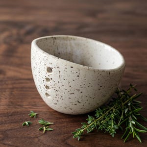 Hand-Painted Ceramic Herb Stripper Bowl, Farmhouse Kitchen Tool