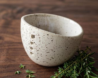 Hand-Painted Ceramic Herb Stripper Bowl, Farmhouse Kitchen Tool