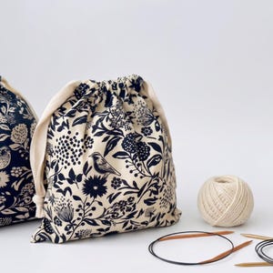 Vintage Floral Bird Cotton Knitting Project Bag, Drawstring Yarn Storage Pouch