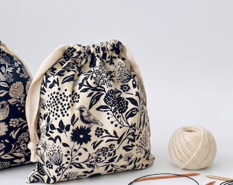 Vintage Floral Bird Cotton Knitting Project Bag, Drawstring Yarn Storage Pouch