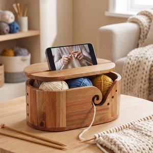 May include: An oval wooden yarn bowl with a side cutout for yarn, featuring a slotted lid that holds a smartphone displaying a person knitting. Inside the bowl are balls of white, blue, and yellow yarn, with two wooden knitting needles resting nearby.