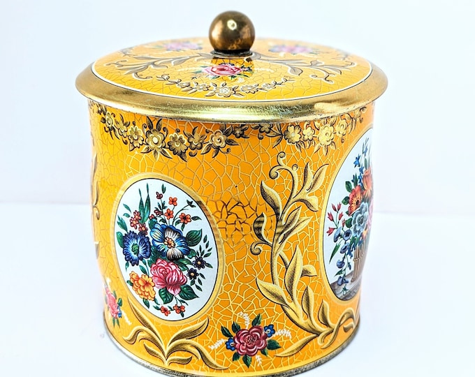 Rare Yellow Signed Daher Lidded Round Tea Tin/Cookie Tin with Romantic Gold and Floral Bouquet Design