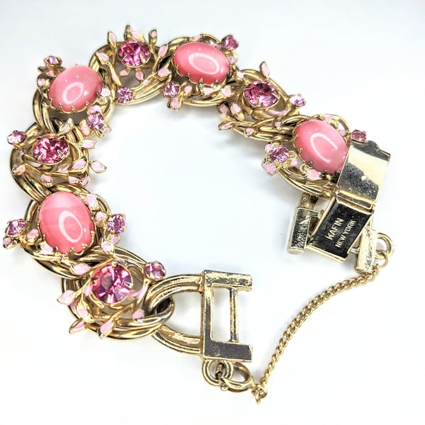 Signed Kafin NY Coral/Pink Glass & Gold Tone Bracelet