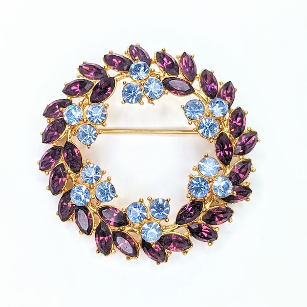 Signed Crown TRIFARI Sparkling Simulated Gemstone Brooch Wreath in Deep Purple and Lavender/Periwinkle