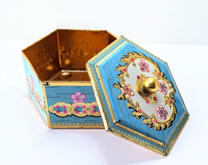 Signed Hexagonal Baret Ware Tin Candy Dish/Tea Tin in Good Vintage Condition: Blue & Gold Floral Design