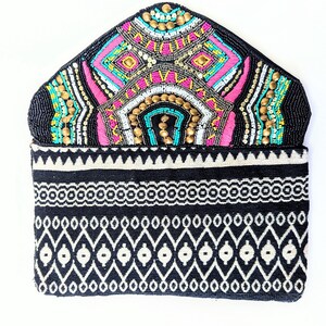 Large Colorful Envelope Purse: Beaded (front) with Black and Cream Woven Pattern (back) - Made in India (preowned/unused vintage)