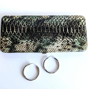 May include: A rectangular clutch with a snakeskin pattern in shades of green, black, and beige, paired with two silver hoop earrings. The clutch has a clasp closure. The earrings are circular.