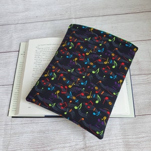 Musical note themed padded book sleeve, book cover, book lover gift, book protector, librarian gift, tablet sleeve, reader gift, music lover