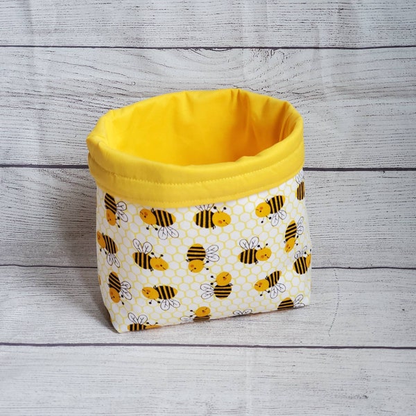 Honey Bee fabric bag, reversible fabric basket, yellow decor, gardening decor, fabric bucket, gift for gardener, reusable gift basket bag