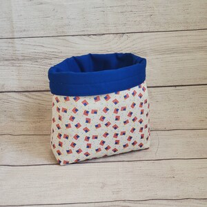 Patriotic USA flags fabric basket bag, housewarming gift, Americana july 4th bag decor, memorial day decor, reusable gift basket, polka dots
