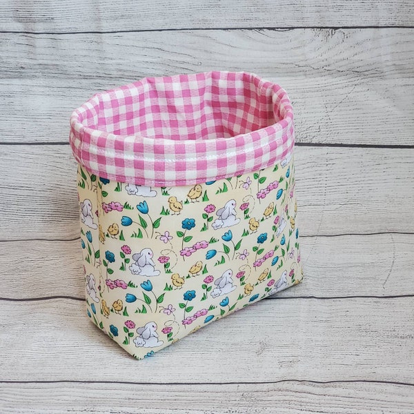 Easter bunny fabric basket bin bag, reversible fabric bag, easter egg bag, spring flowers, easter sunday decor, candy basket, spring pastel