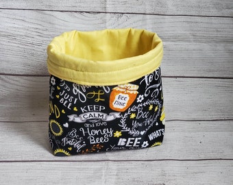 Honey Bee fabric bag basket, honeybee themed decor, yellow decor, gardening decor, fabric bucket, gift for gardener, storage container, bin