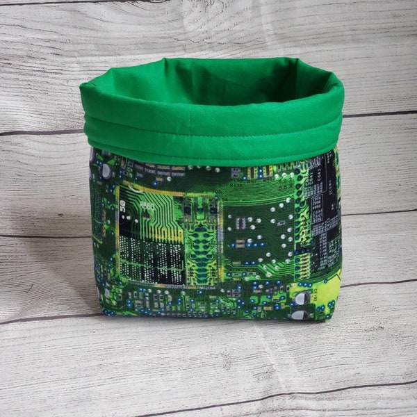 Circuit board fabric basket, reversible fabric bag, computer lover gift, fabric bucket, techie gift, storage container,  small fabric basket