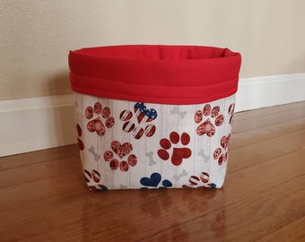 Paw print fabric bag, reversible fabric basket, gift for pet lover, holiday decor, fabric bucket, patriotic fabric, storage container, dog