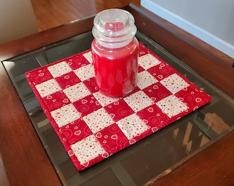 Valentine's day quilted table topper runner, red white hearts love table candle mat, handmade home decor, holiday candy, heart, linen 12x12