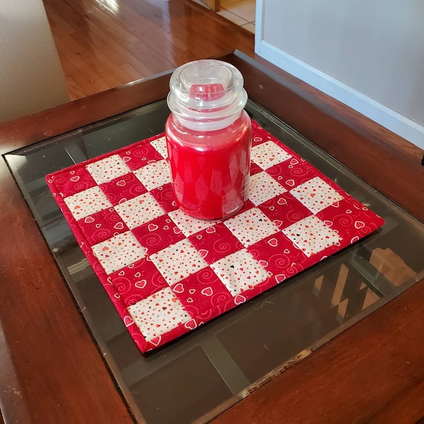 Valentine's day quilted table topper runner, red white hearts love table candle mat, handmade home decor, holiday candy, heart, linen 12x12