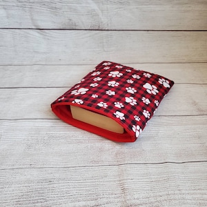 Pawprint cat dog book sleeve, book cover, book lover, book protector, librarian gift, tablet sleeve, reader gift, padded checked book sleeve