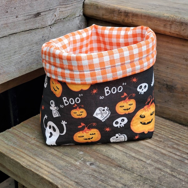 Halloween fabric bag, reversible fabric basket, candy basket, Halloween decor, fabric bucket, storage container, pumpkin fabric, ghost boo