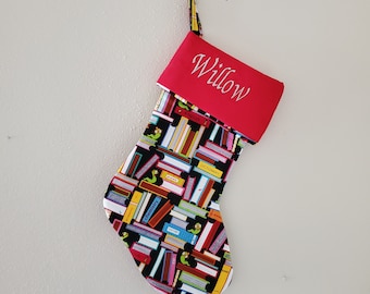 Personalized Bookworm Christmas Stocking, Custom Name Embroidered Family Gift, Book Lover Holiday Stocking, Teacher Librarian Book Club Gift