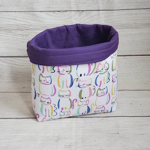 Purple sketched cat fabric bag basket, reversible fabric basket, gift for pet lover, cat lover gift, fabric bucket, storage container, cat